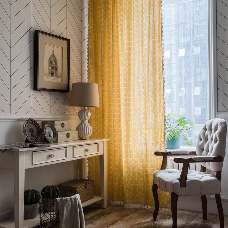 Ownkoti Yellow Plaid Translucent Curtains with Tassels - Hook - 59"W x 102"L - image 0