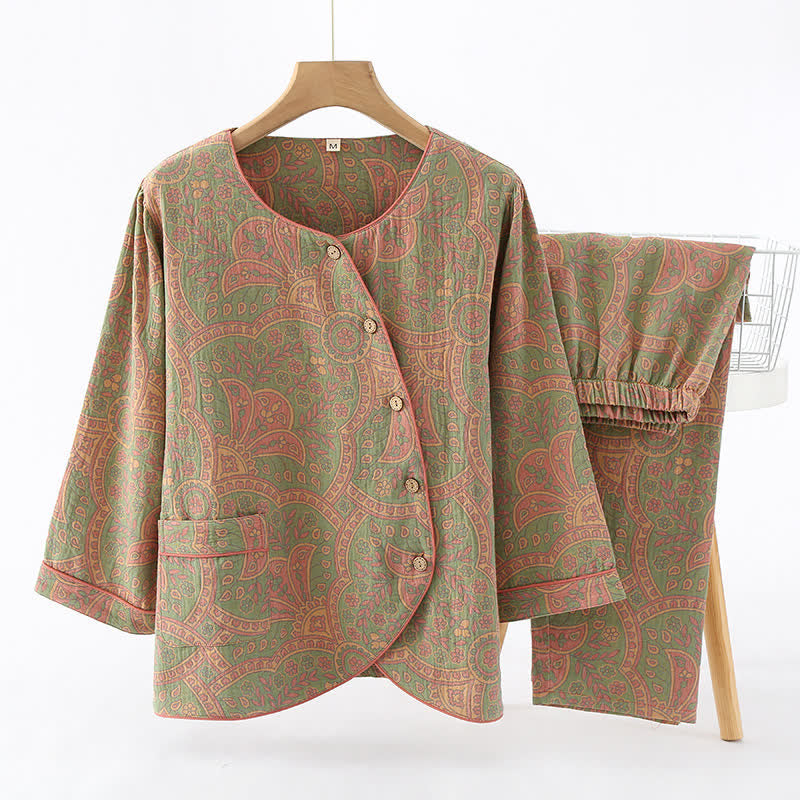 Vintage Jacquard Round Neck Loungewear Set - Light Green&Pink - XL - image 11