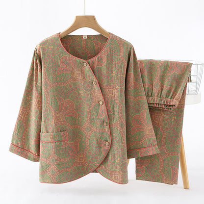 Vintage Jacquard Round Neck Loungewear Set - Light Green&Pink - XL - image 11