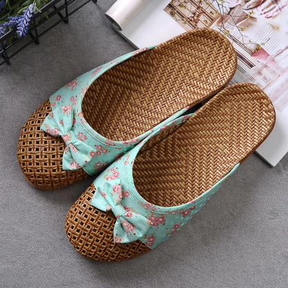 Retro Bowknot Breathable Flax Slippers - Green - Large - image 0