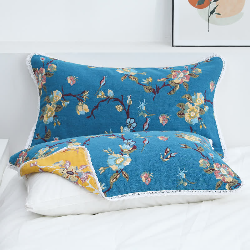 Ownkoti  Retro Flower Cotton Soft Pillow Towel (2PCS) - Blue - 52cm x 75cm - image 1