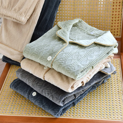 Solid Color Lapel Flannel Pajama Set - image 1