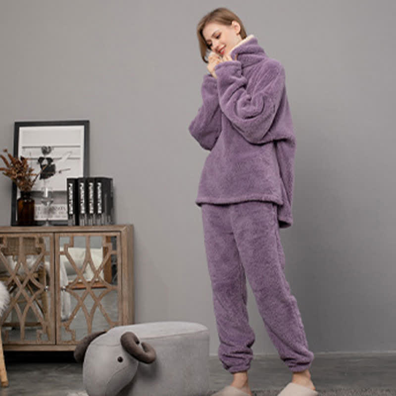 Ownkoti Simple V-Neck Warm Winter Loungewear Set - Purple - 2XL - image 5