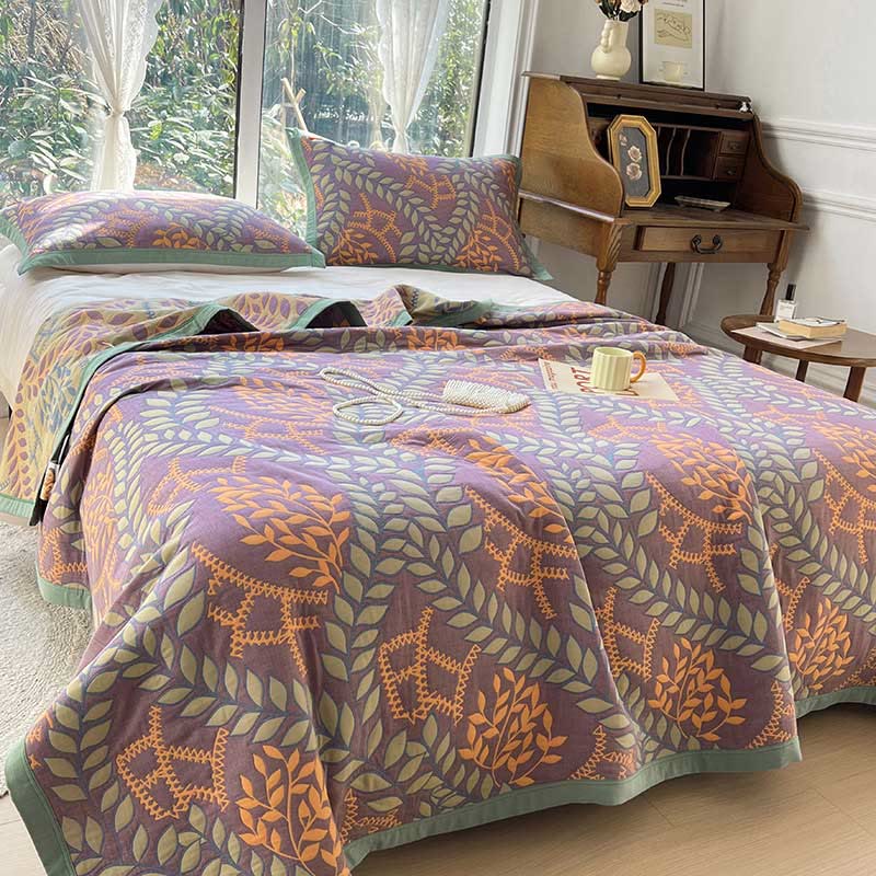 Green & Orange Leaf Cotton Reversible Quilt - Quilt with 2pcs Pillow Towels - Purple & Yellow - King - image 0