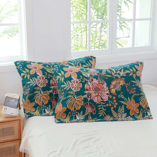 Luxuriant Flower Cotton Gauze Pillow Towel (2PCS) - Green - 52cm x 75cm - image 0