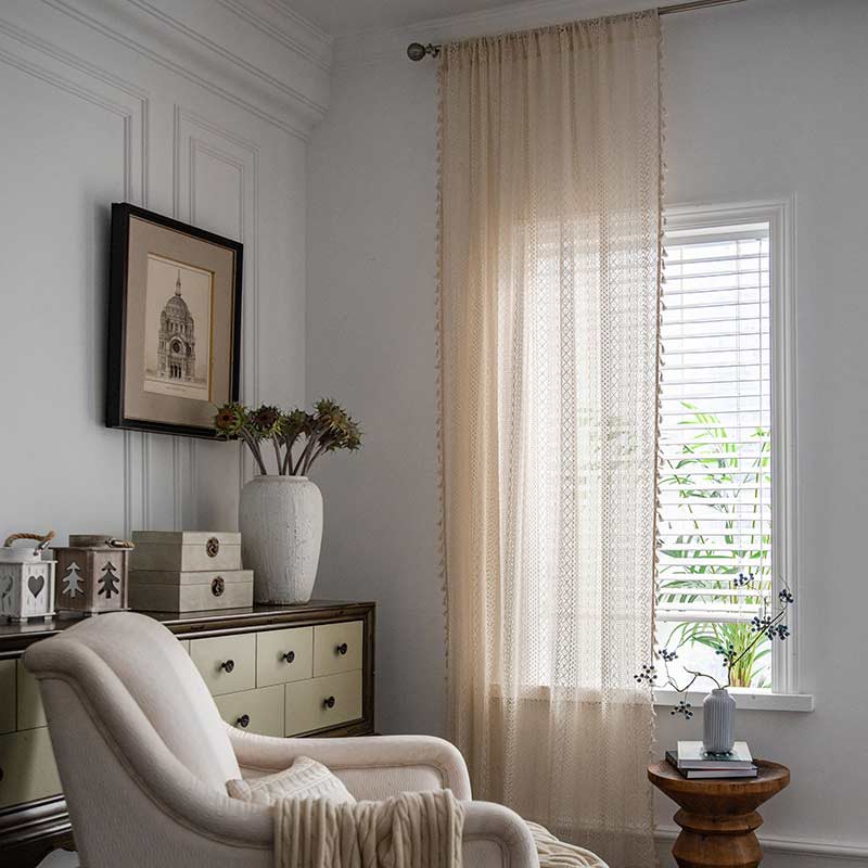 Cotton Beige Curtain Hollow-Out Tassel Drapes - image 3