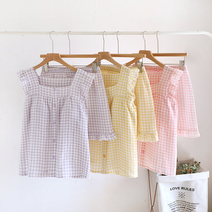 Ruffle Sleeve Gingham Cotton Pajama Set - image 0