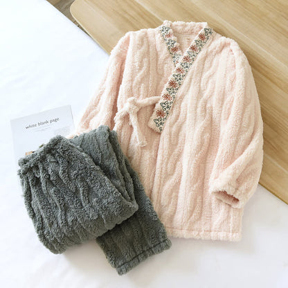 Retro Embroidery Soft Fleece Pajama Set - XL - image 0