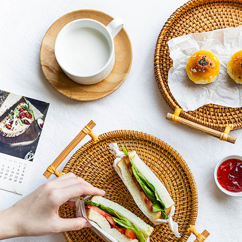 Ownkoti Hand Woven Rattan Round Tray With Handles - image 3