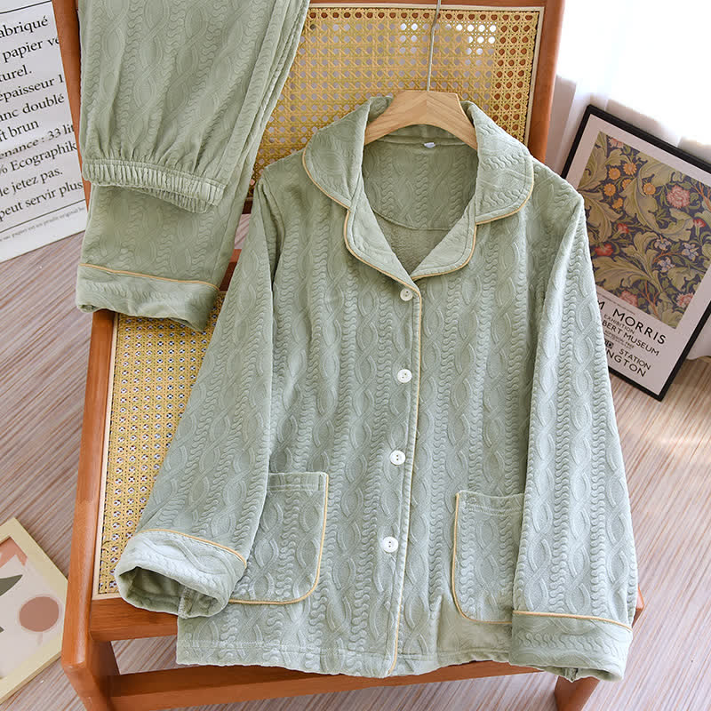 Solid Color Lapel Flannel Pajama Set - Green - Women XL - image 13