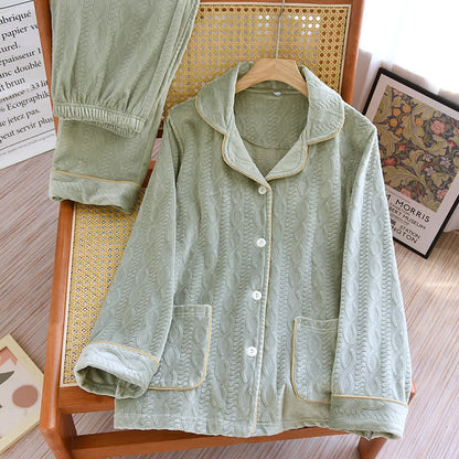 Solid Color Lapel Flannel Pajama Set - Green - Women XL - image 13