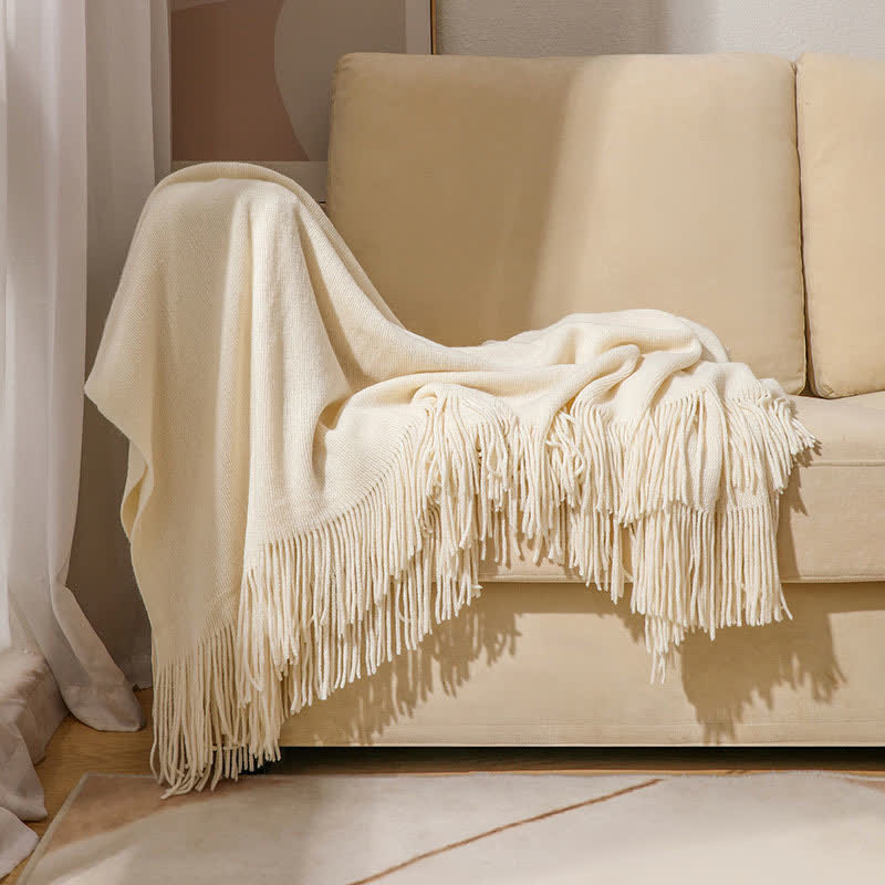 Simple Solid Color Tassel Throw Blanket - Beige - 51" x 94" - image 1
