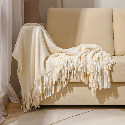Simple Solid Color Tassel Throw Blanket - Beige - 51" x 94" - image 1