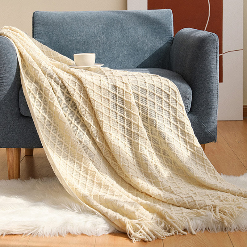 Ownkoti Knitted Prismatic Pattern Blanket with Tassels - Beige - 50" x 60" - image 13