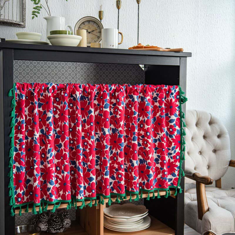 Red Flower Print Tassel Tier Curtain - image 0