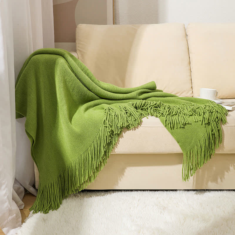Simple Solid Color Tassel Throw Blanket - Green - 51" x 94" - image 14