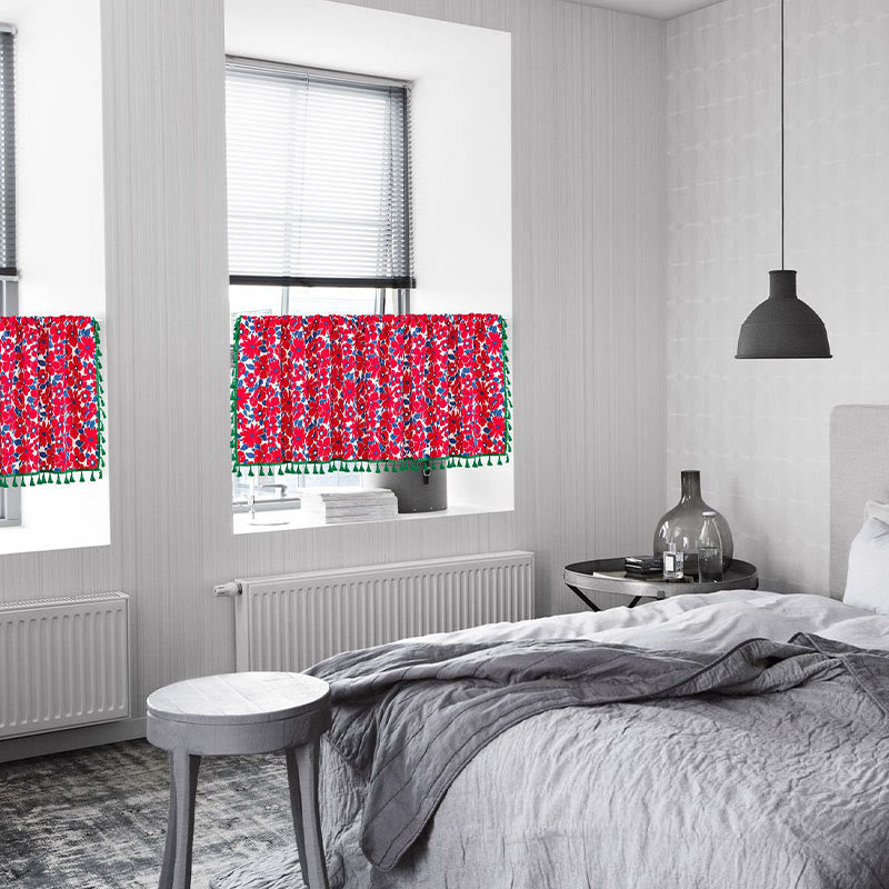 Red Flower Print Tassel Tier Curtain - image 3