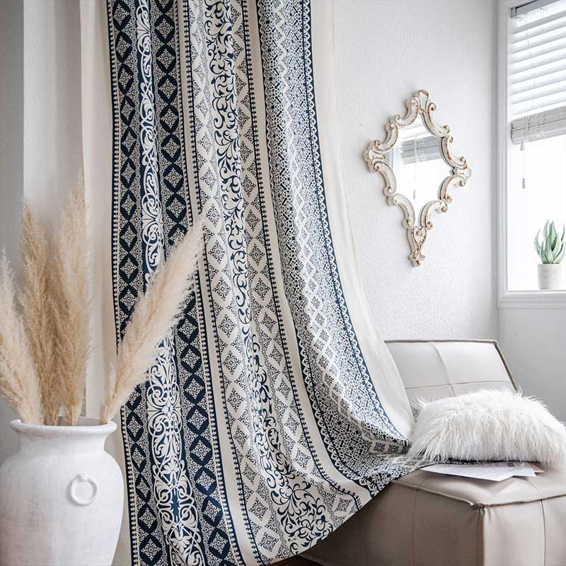 Cotton Linen Blue Pattern Curtain - image 1