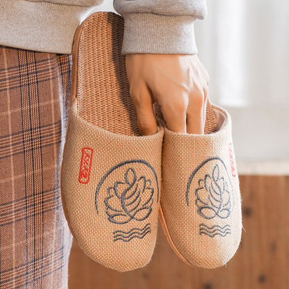 Retro Embroidered Lotus Flax Slippers - image 16