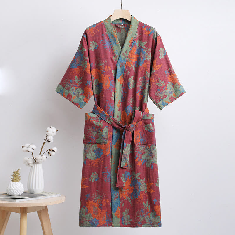  Lily Flower Cotton Gauze V-neck Bathrobe - Red & Green - L - image 0
