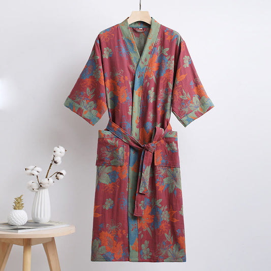 Lily Flower Cotton Gauze V-neck Bathrobe - Red & Green - L - image 0