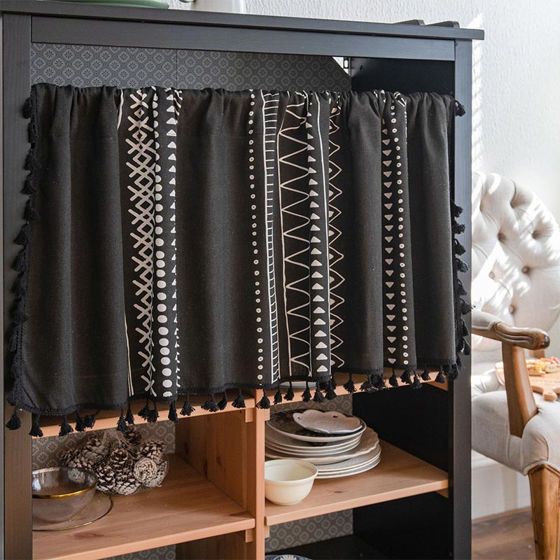 Black White Pattern Tassel Tier Curtain - Black - 59"W x 36"L - image 0