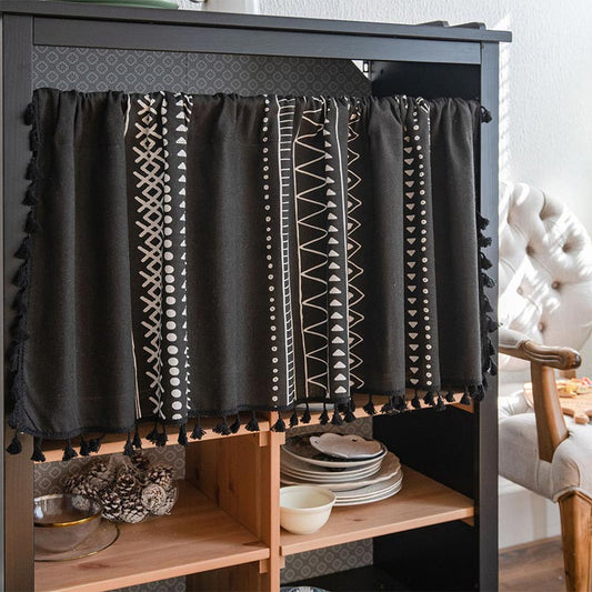 Black White Pattern Tassel Tier Curtain - Black - 59"W x 36"L - image 0