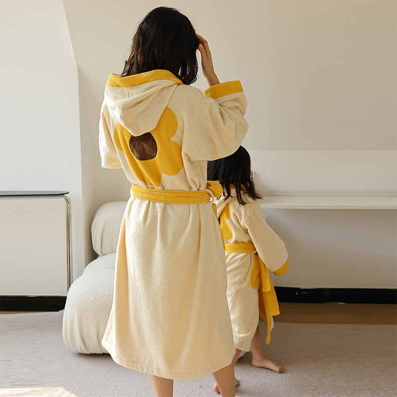 Flower Colorblock Cotton Hooded Bathrobe - image 4