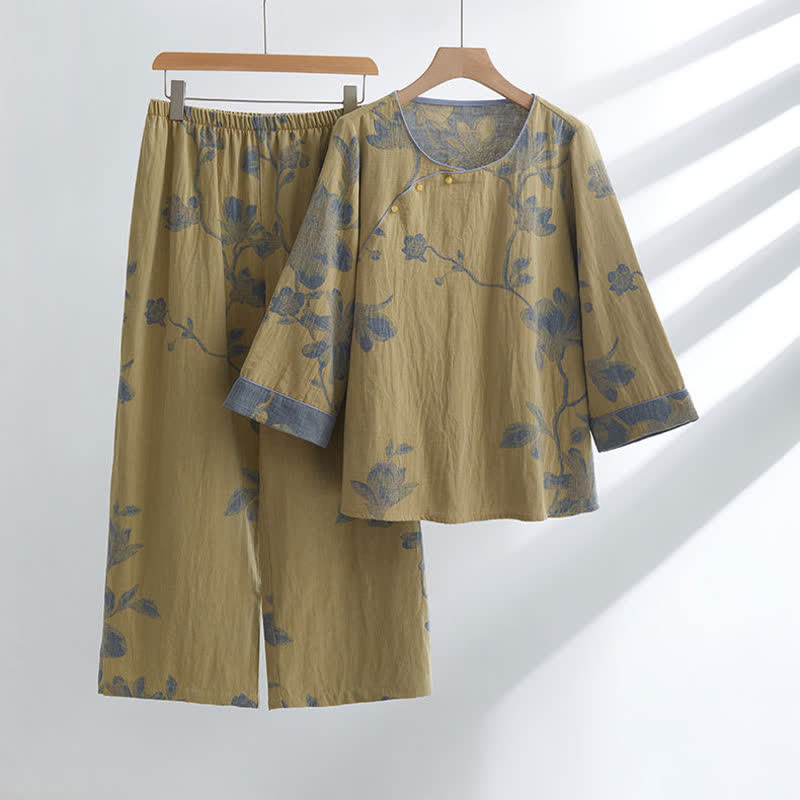 Floral Comfy Cotton Round-neck Loungewear Set - Yellow - XL - image 1