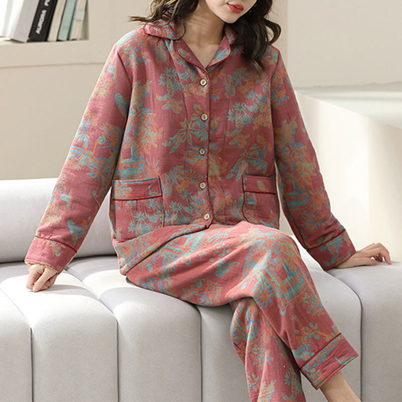 Flower Print Cotton Double-layer Loungewear Set - Red - Women - XL - image 0