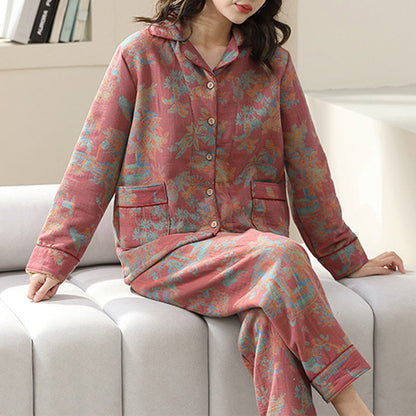 Flower Print Cotton Double-layer Loungewear Set - Red - Women - XL - image 0