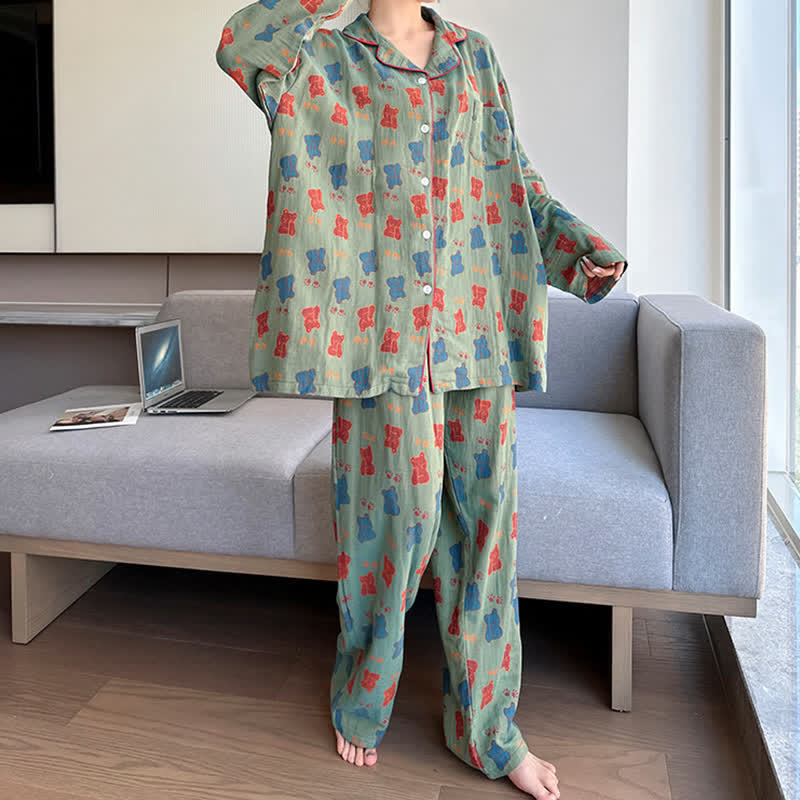Plus Size Bear Cotton Lapel Loungewear Set - image 7