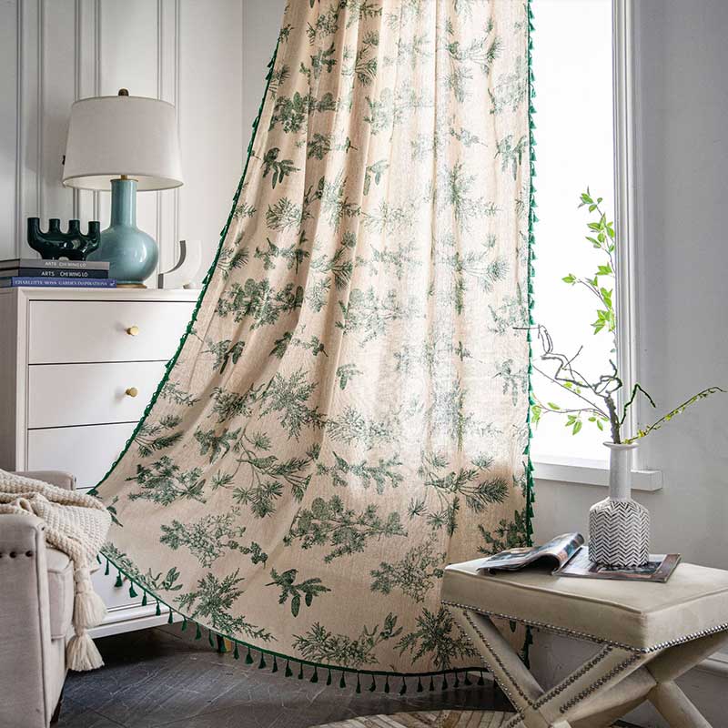 Green Pine Bird Pattern Tassel Curtain - Hook - 59"W × 110"L - image 0