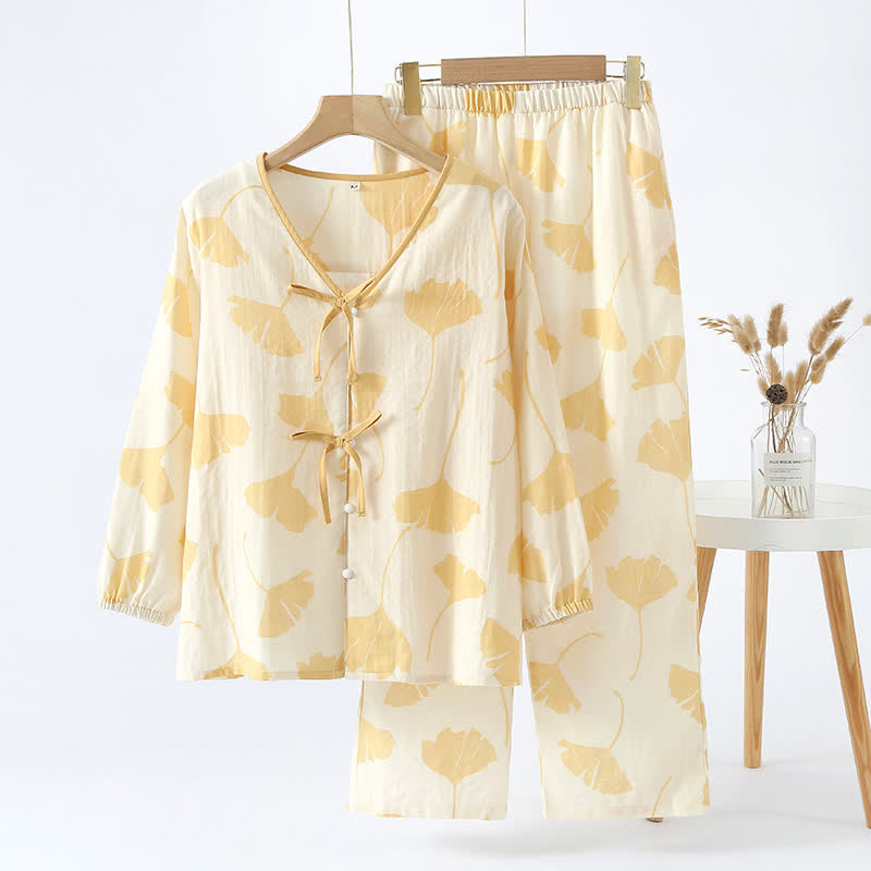Ginkgo Leaf Bowknot Cotton Loungewear Set - Yellow - XL - image 4