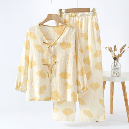 Ginkgo Leaf Bowknot Cotton Loungewear Set - Yellow - XL - image 4