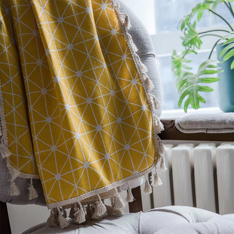 Ownkoti Yellow Plaid Translucent Curtains with Tassels - image 7