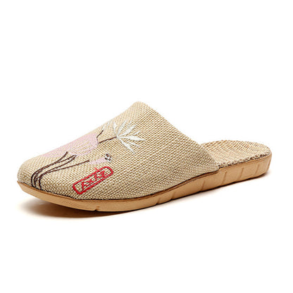 Retro Embroidered Lotus Flax Slippers - image 4