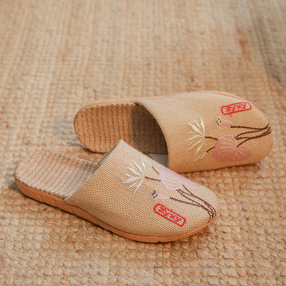 Retro Embroidered Lotus Flax Slippers - image 3