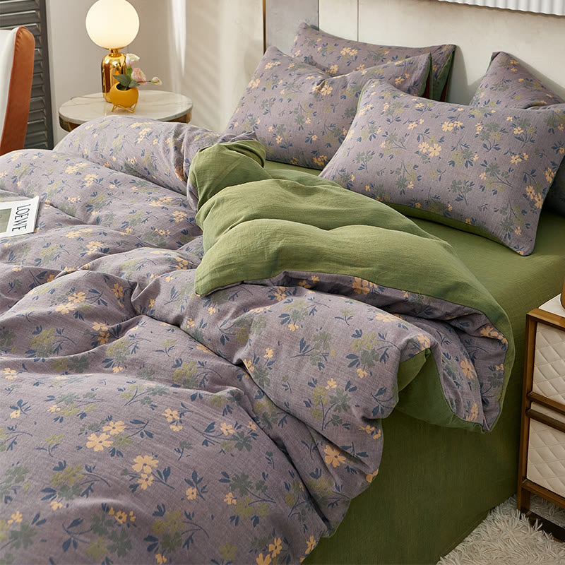 Pastoral Flower Leaf Cotton Reversible Bedding - Sheet - Purple - King - image 0