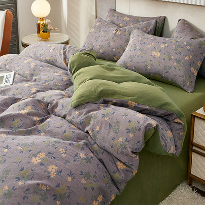 Pastoral Flower Leaf Cotton Reversible Bedding - Sheet - Purple - King - image 0