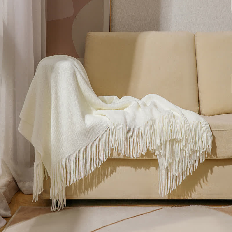 Simple Solid Color Tassel Throw Blanket - White - 51" x 94" - image 11