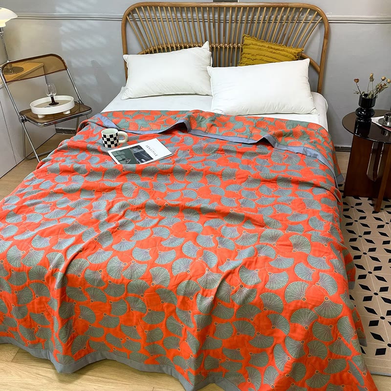 Ginkgo Leaf Bright Cotton Reversible Quilt - Orange & Gray - 2PCS Pillow Towels - 21" × 31" - image 3