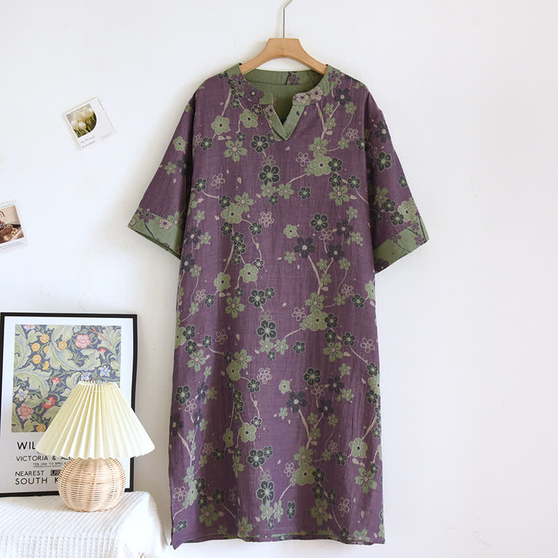 Plum Blossom V-neck Soft Cotton Nightdress - Purple - L - image 0