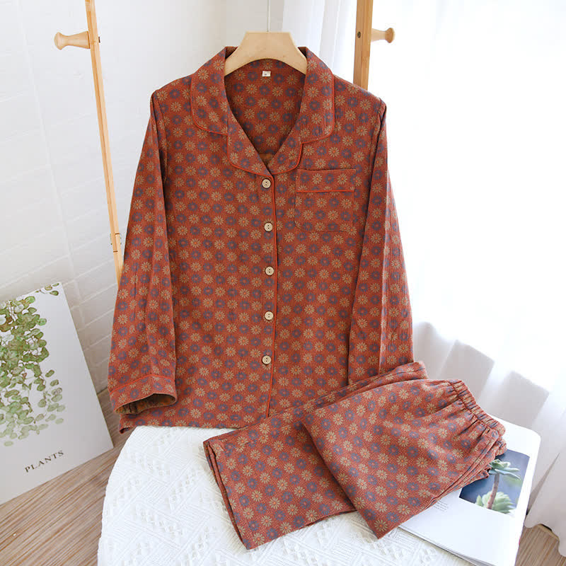 Jacquard Daisy Pure Cotton Loungewear Set - Dark Red - XL - image 8