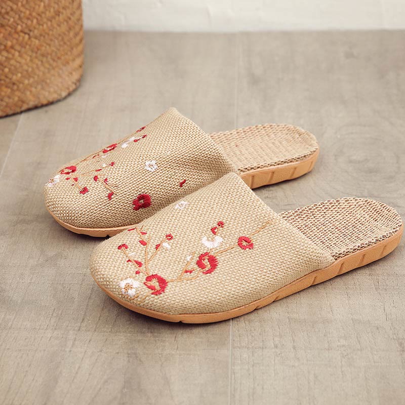 Embroidered Plum Bossom Comfy Flax Slippers - Red Plum Bossom - L - image 4
