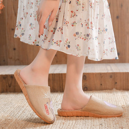 Retro Embroidered Lotus Flax Slippers - image 2