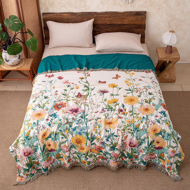 Watercolor Wildflower Fringed Reversible Gauze Quilt - Queen - image 0