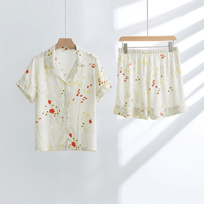 Flower Leaf Breathable V-neck Loungewear Set - Beige - XL - image 0