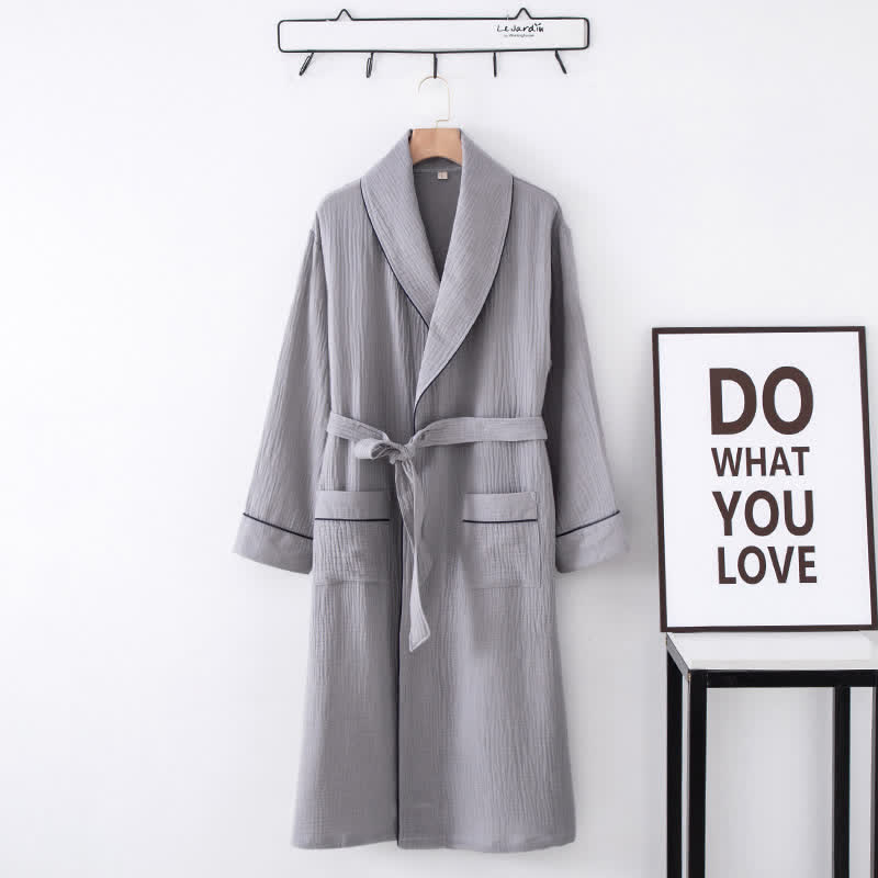 Solid Color Lapel Home Sleep Bathrobe - Gray - XXL - image 8