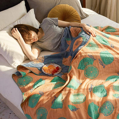 Lemon Pattern Cotton Gauze Reversible Quilt - Orange - Queen - image 0